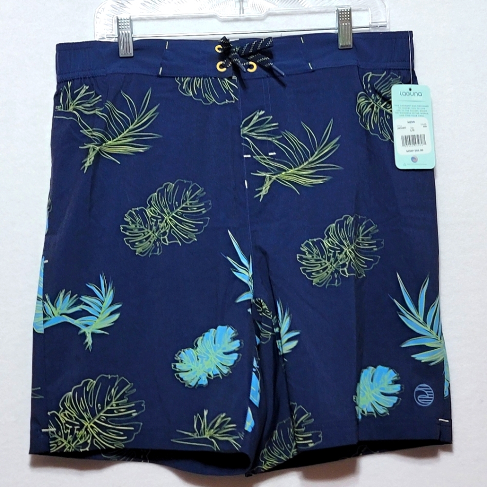 Men's Blue Laguna‎ Swim Shorts with Green Leaf Print SIZE L #712